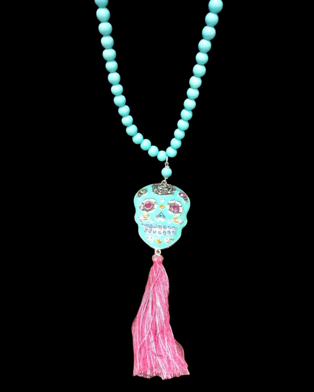 OORI -21" Long Green and Pink Goth Skull with Rose and Dangling Tassel